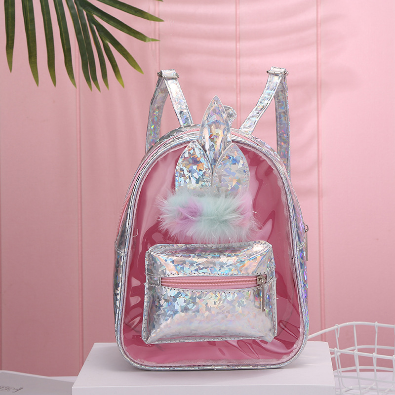 New unicorn small backpack for foreign trade, personalized laser colorful PU small backpack for girls and children, PVC women's bag details Picture