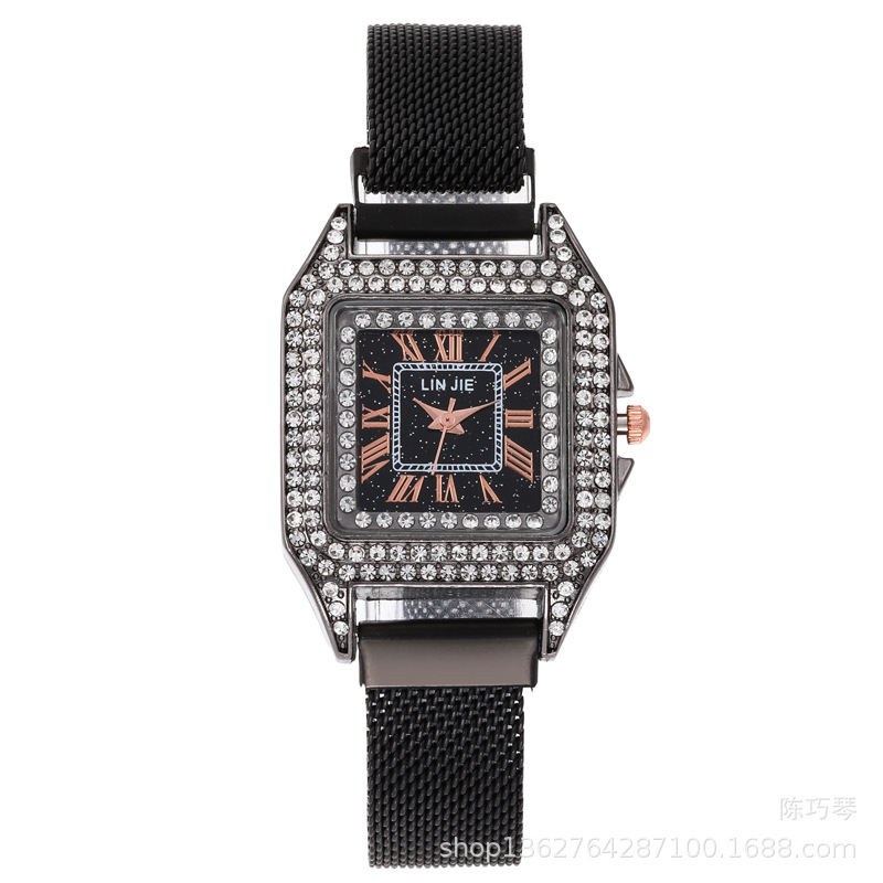 新款女士方形罗马文手表韩版镶钻星空面石英吸磁铁网带潮流手表详情图4