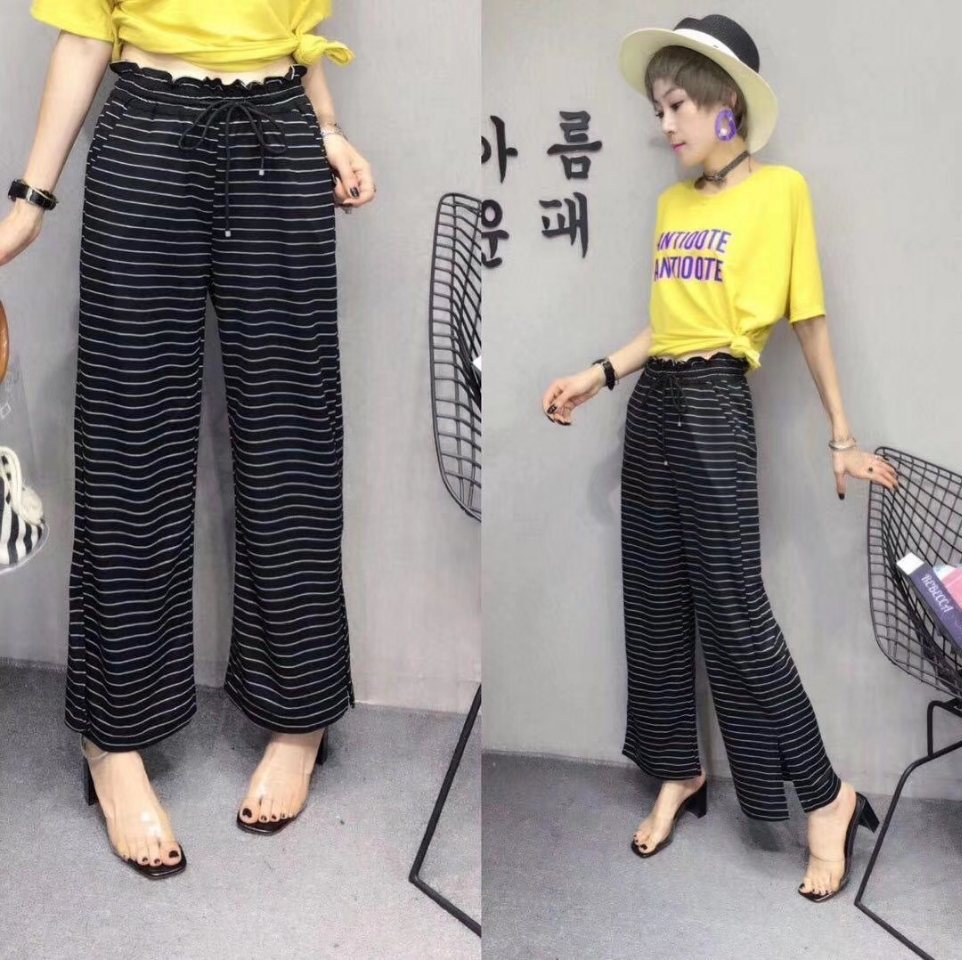 Thin knitted cotton black and white striped zebra stretch wide body, versatile for girls, elastic waist split wide leg casual trousers
