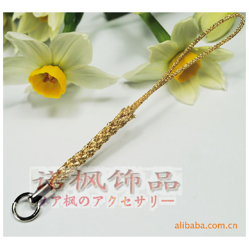 厂家大量生产批发挂绳日本人造丝编织苹果6手机绳金加圈细节图