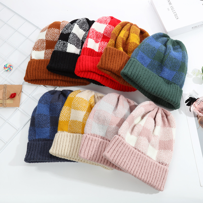 Hat Women Autumn Winter Simple Mixed Color Checkered Knit Hat Korean Sleeve Thickened Warm Korean Version Of All The Woolen Hat Tide