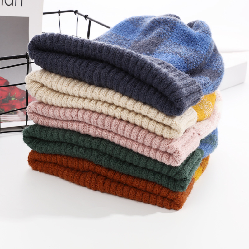 Hat Women Autumn Winter Simple Mixed Color Checkered Knit Hat Korean Sleeve Thickened Warm Korean Version Of All The Woolen Hat Tide Application Scenario