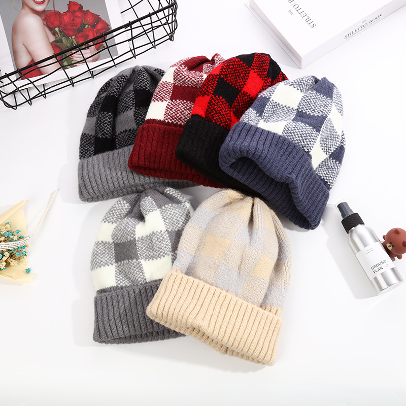 Hat Women Autumn Winter Simple Mixed Color Checkered Knit Hat Korean Sleeve Thickened Warm Korean Version Of All The Woolen Hat Tide details Picture