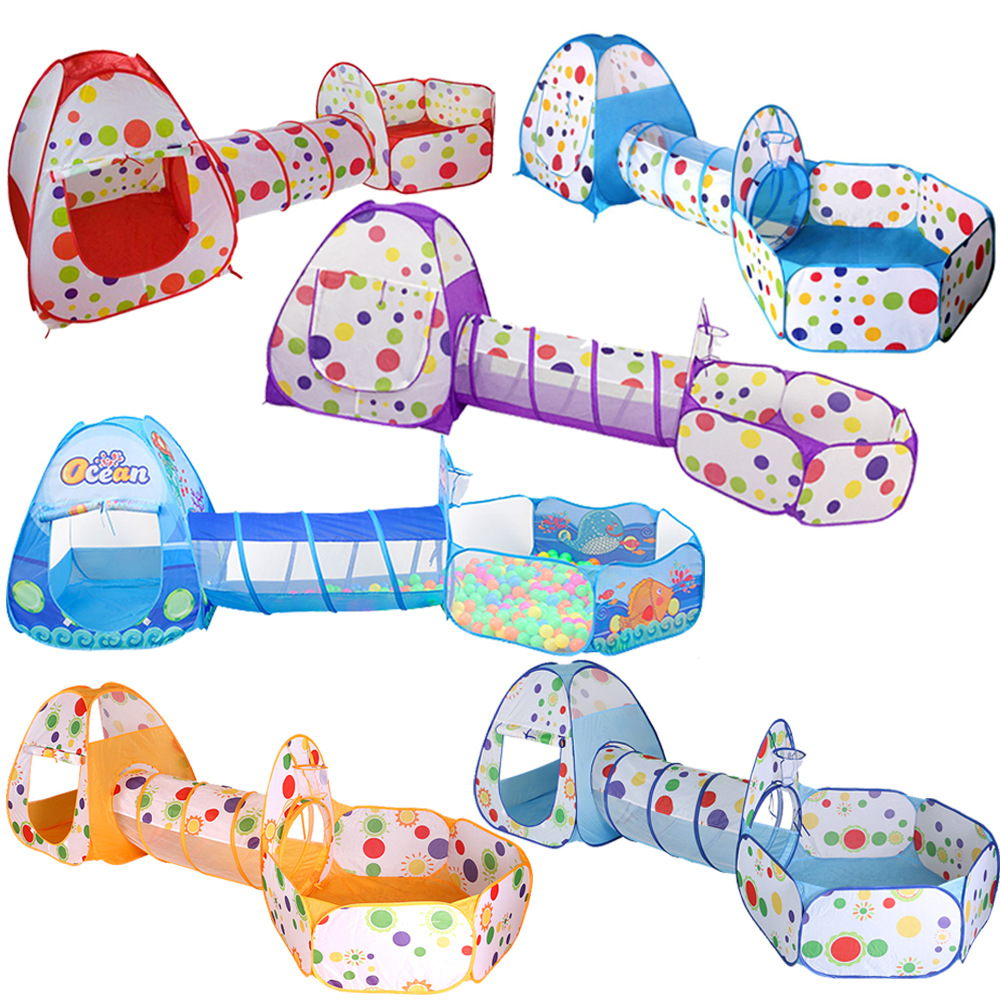 Children's indoor and outdoor crawling and folding game house, polka dot three-piece set tent, three-in-one basketball pool, baby toys Application Scenario