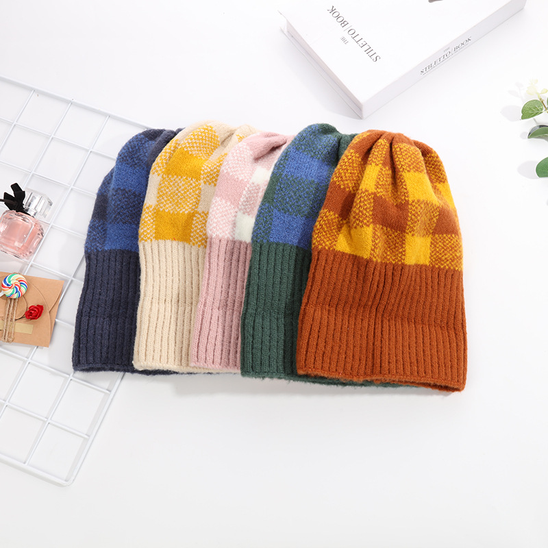 Hat Women Autumn Winter Simple Mixed Color Checkered Knit Hat Korean Sleeve Thickened Warm Korean Version Of All The Woolen Hat Tide Specification drawing
