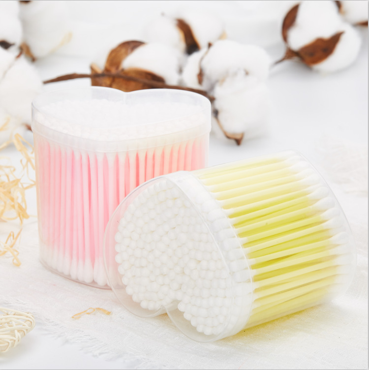 Manufacturers direct disposable double head sterile cleaning makeup makeup remover makeup plastic stick cotton swab with cover peach heart box 200 thumbnail