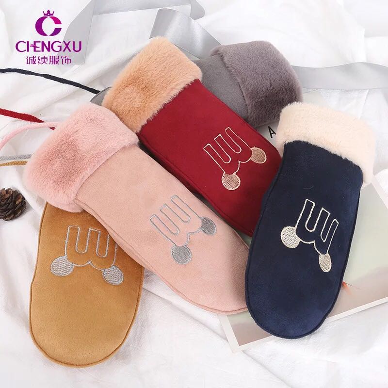 New style of gloves for women's winter outdoor cycling, warm and cute Korean-style fleece necklaces, thick cotton cold-proof suede fleece gloves Specification image