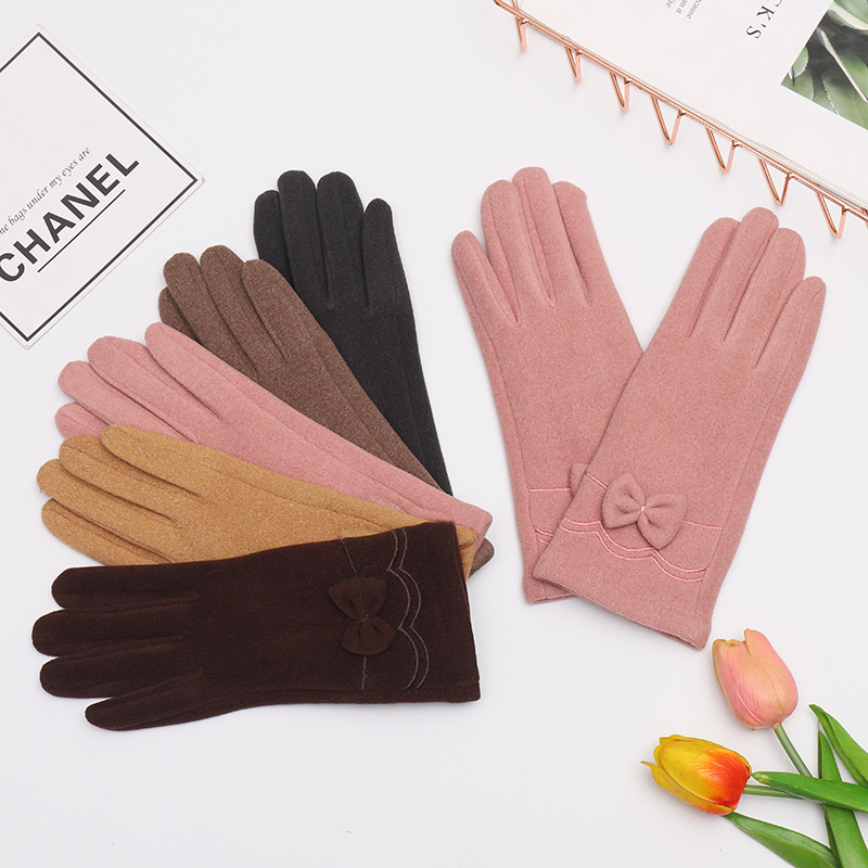 新款秋冬季女士手套蝴蝶结时尚保暖手套户外骑行防风分指手套图