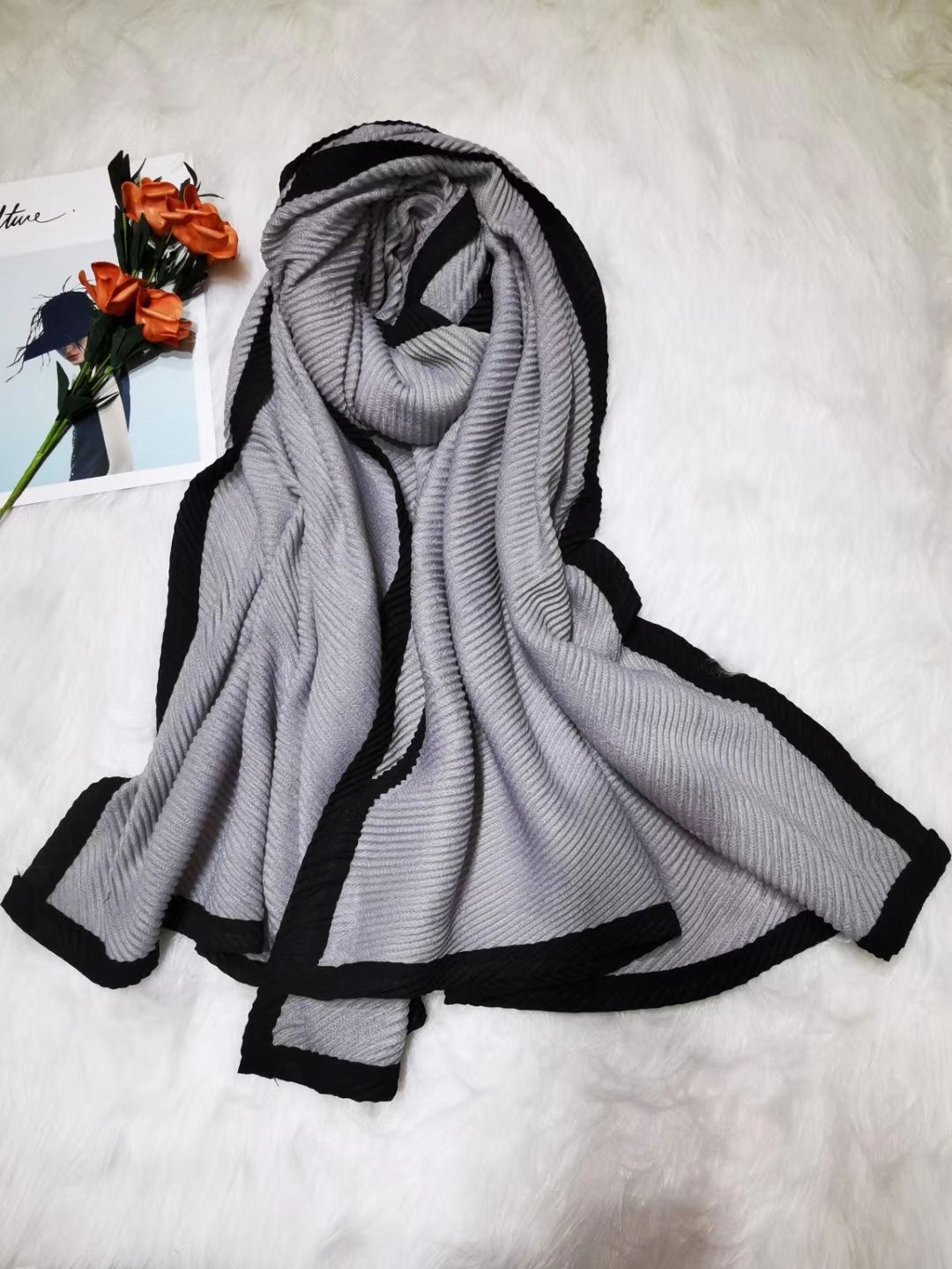 New Autumn/Winter 2019 Monochrome Bristle Fringed Crepe Scarf details Picture