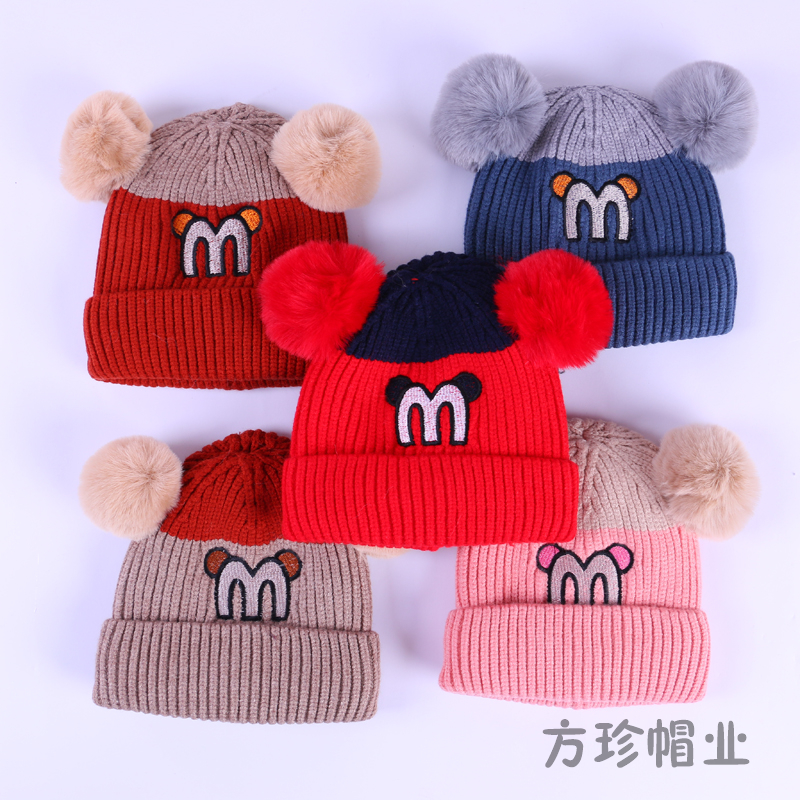 秋冬新款贴标毛线护耳帽双球韩版男童女童针织加绒保暖毛线帽