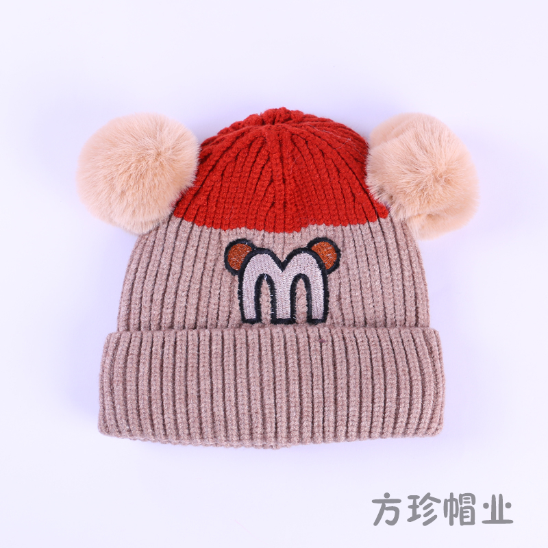 Autumn And Winter New Label Wool Ear Cap Double Ball Korean Version Of Boys And Girls Knitted Plus Fleece Warm Woolen Hat Item Picture
