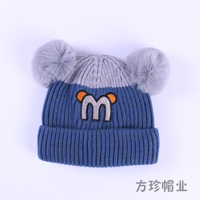 Autumn And Winter New Label Wool Ear Cap Double Ball Korean Version Of Boys And Girls Knitted Plus Fleece Warm Woolen Hat Specification drawing