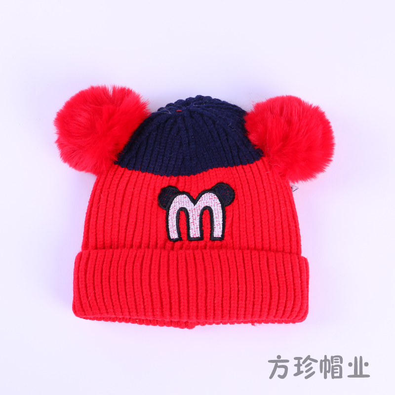 Autumn And Winter New Label Wool Ear Cap Double Ball Korean Version Of Boys And Girls Knitted Plus Fleece Warm Woolen Hat details Picture