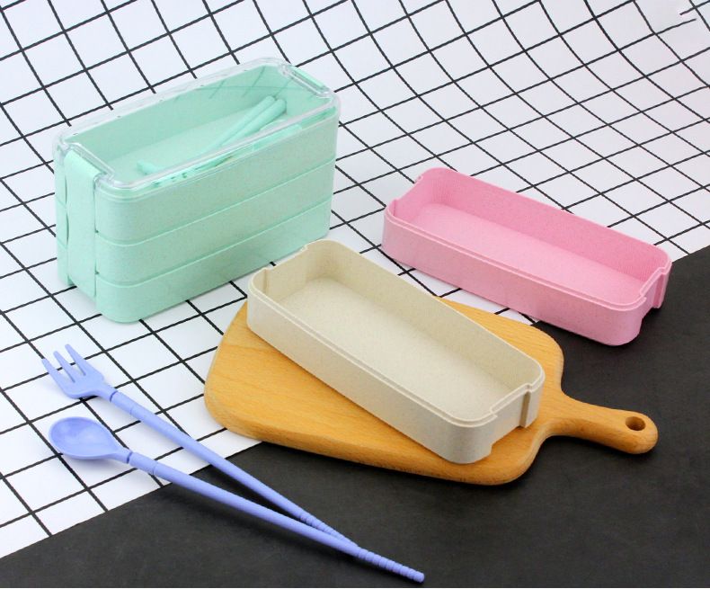 【 Gift Tableware 】 Wheat eco-friendly Japanese bento box for students, children, office workers, three-layer leak-proof, microwave ovens Specification image