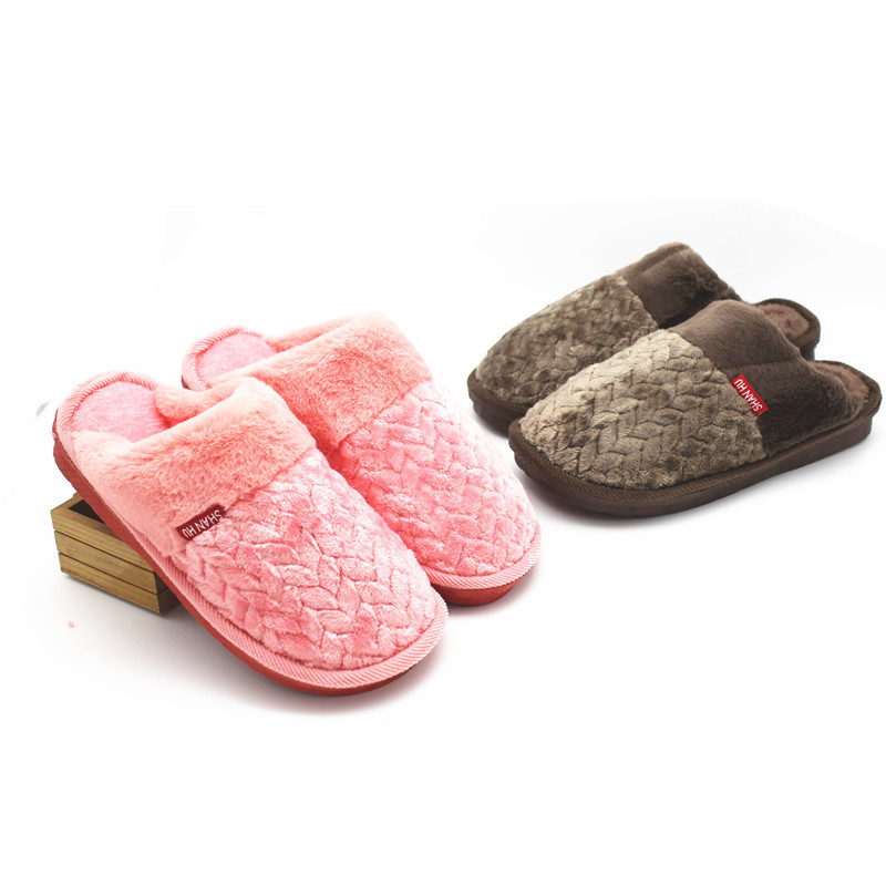 Home cotton slippers for men and women, indoor winter couples, anti-slip PVC blown thick-soled warm semi-padded wool slippers Specification image