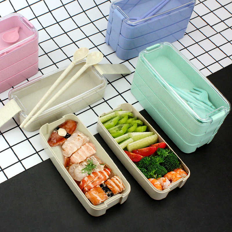 【 Gift Tableware 】 Wheat eco-friendly Japanese bento box for students, children, office workers, three-layer leak-proof, microwave ovens