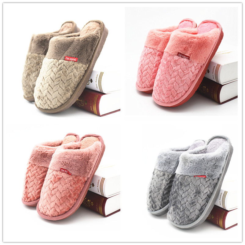 Home cotton slippers for men and women, indoor winter couples, anti-slip PVC blown thick-soled warm semi-padded wool slippers