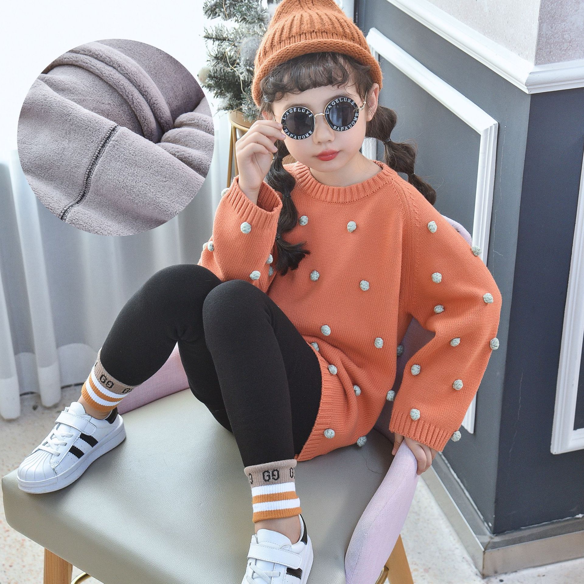 2019 New South Korean version of children's trousers warm with velvet children leggings Autumn winter striped letter waist protection children's long Johns thumbnail