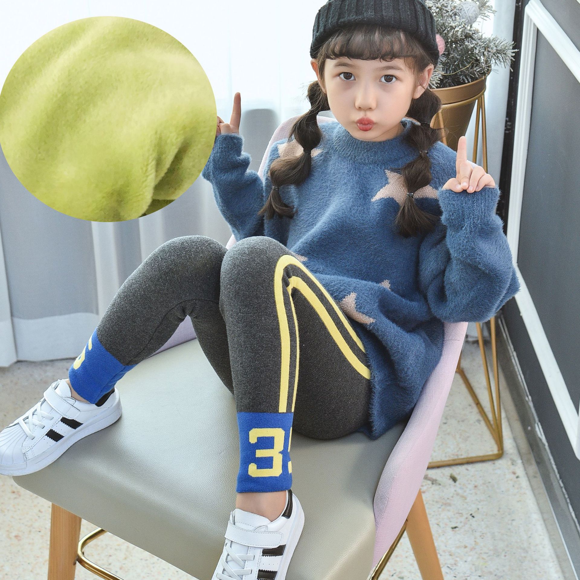 2019秋冬新款韩版撞色女童加绒打底裤保暖童装长裤子运动条纹字母