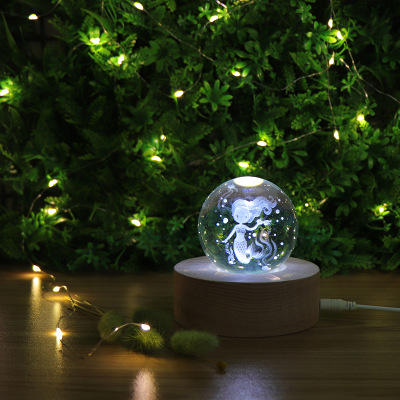 美人鱼水晶球小台灯 3d小夜灯创意女生生日礼物 圆形榉木led摆件