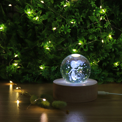 Mermaid Crystal Ball small desk lamp 3D Night Light Creative Gift for girls Round beech led decorations