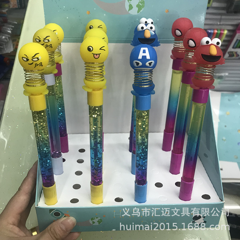 网红摇头公仔流沙笔卡通表情娃娃头笔仙女棒笔发光笔中性笔带灯