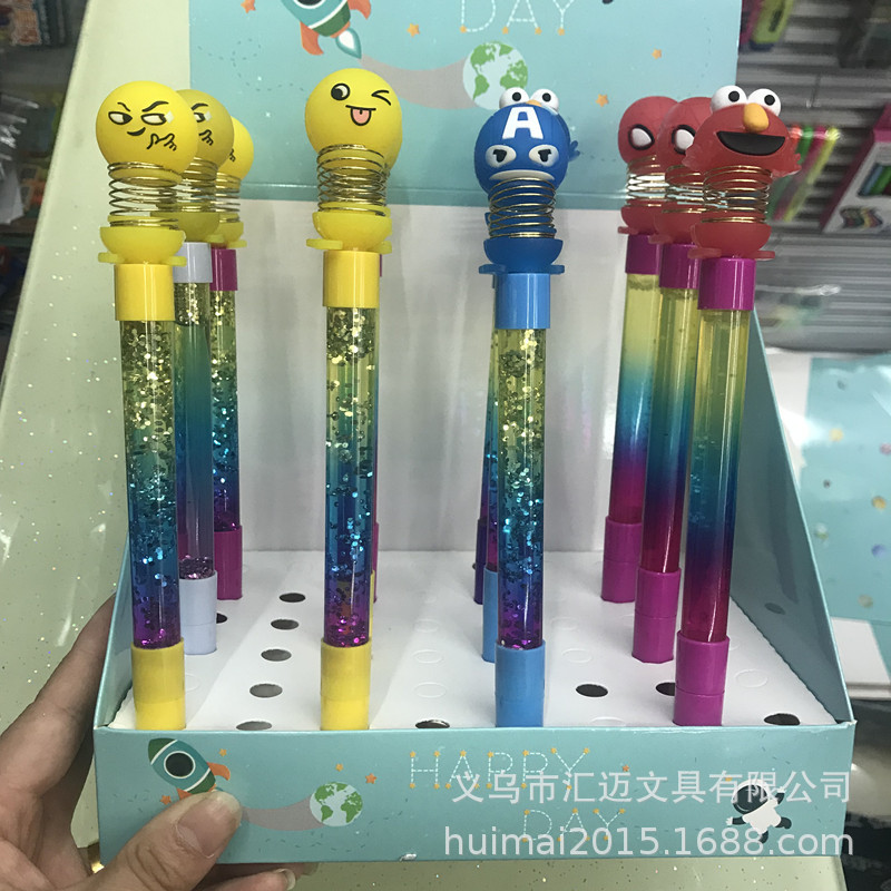 网红摇头公仔流沙笔卡通表情娃娃头笔仙女棒笔发光笔中性笔带灯产品图