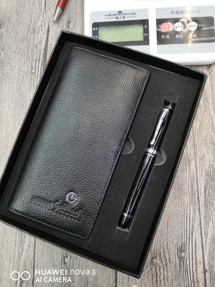 头层牛皮长款钱包 金属签字笔