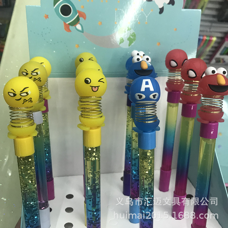 网红摇头公仔流沙笔卡通表情娃娃头笔仙女棒笔发光笔中性笔带灯细节图