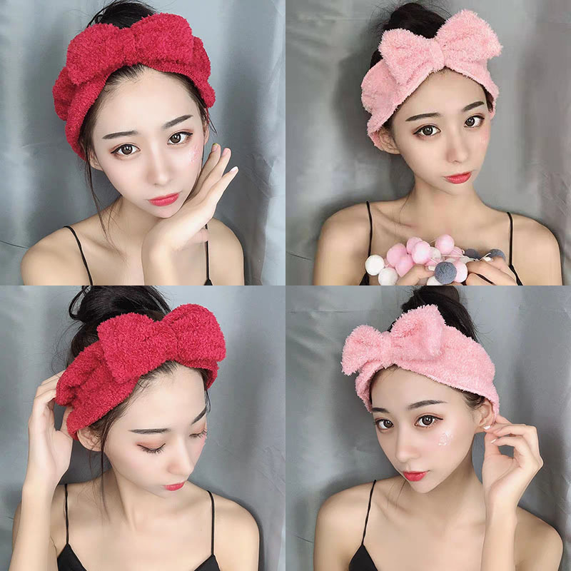 Net red cute face wash headband super fairy Korean plush lace wide edge month bow headband simple details Picture