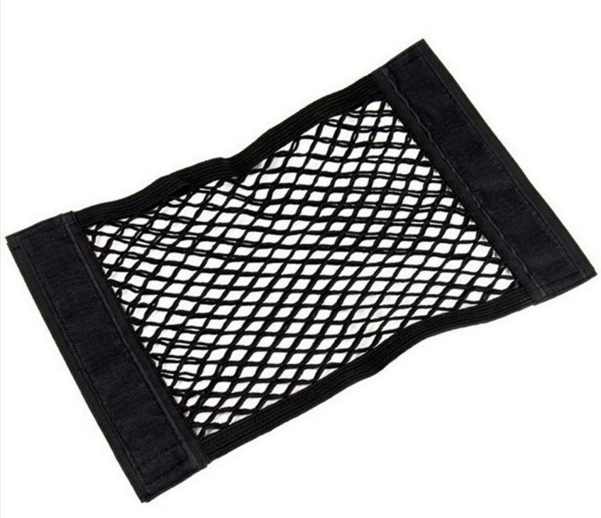 汽车魔术贴双层网兜后备箱收纳储物袋车内置物袋车载灭火器固定网白底实物图