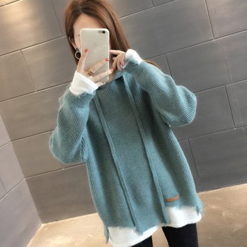 New autumn and winter Korean style loose fake two-piece contrasting color hooded thickened knitted sweatshirt, fashionable pullover sweater for women details Picture