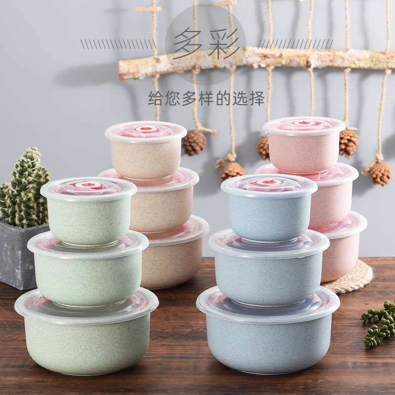Three-piece set of wheat straw preservation bowl, microwave oven sealed bowl with lid, round bento box, lunch box and preservation box