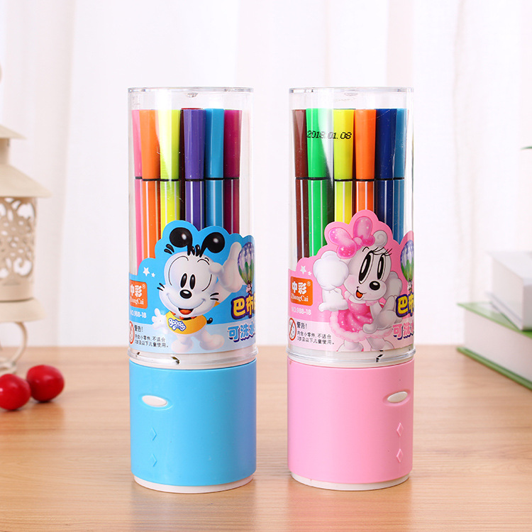 博采文具厂家直销 桶装水彩笔 套装 儿童 无毒 绘画彩色笔 画笔988-18色