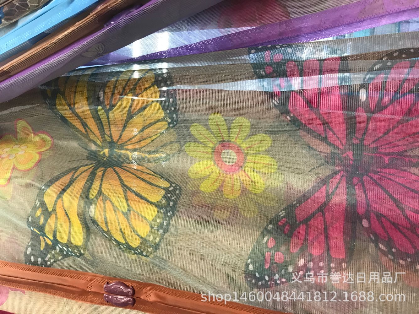 外贸免穿磁性纱门 大蝴蝶款 方格印花 六段磁条七对鸟抠防蚊门帘细节图