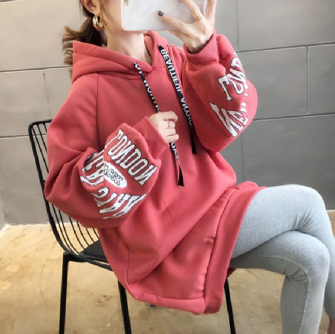 250-gram David hoodie for autumn and winter, a long-sleeved sweatshirt with a hood, fleece cuffs and lettered print for women
