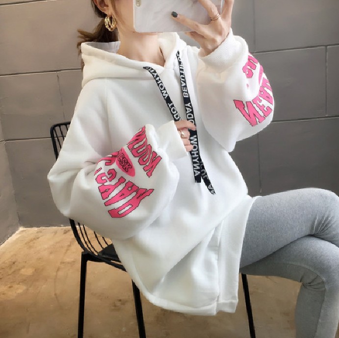 250-gram David hoodie for autumn and winter, a long-sleeved sweatshirt with a hood, fleece cuffs and lettered print for women details Picture