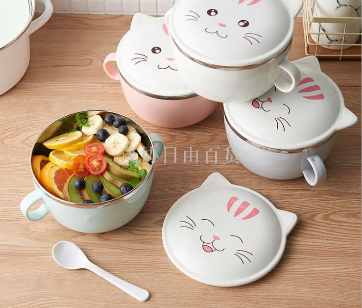 Baby cutlery Baby feeding cute cat Stainless steel food bowl Large double ear insulated bowl spoon