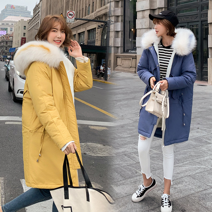 Net red big hair collar down jacket female 2019 new winter Korean version of long loose cotton-padded coat small man
