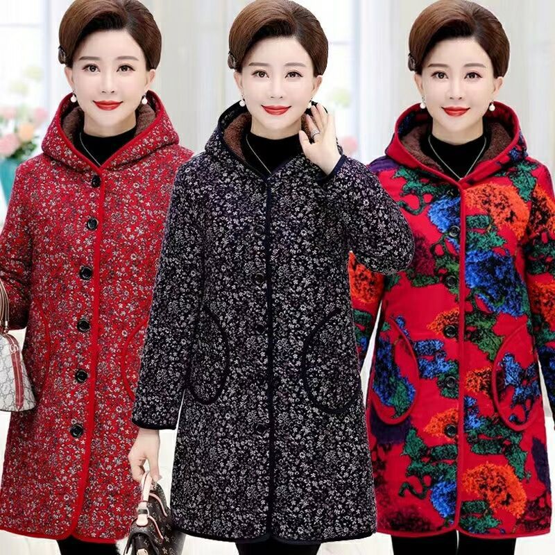 Middle-aged and elderly women's cotton-padded jackets with hats, thickened and fleece, mid-length cotton-padded jackets for mothers in winter, loose and large-sized warm cotton-padded jackets
