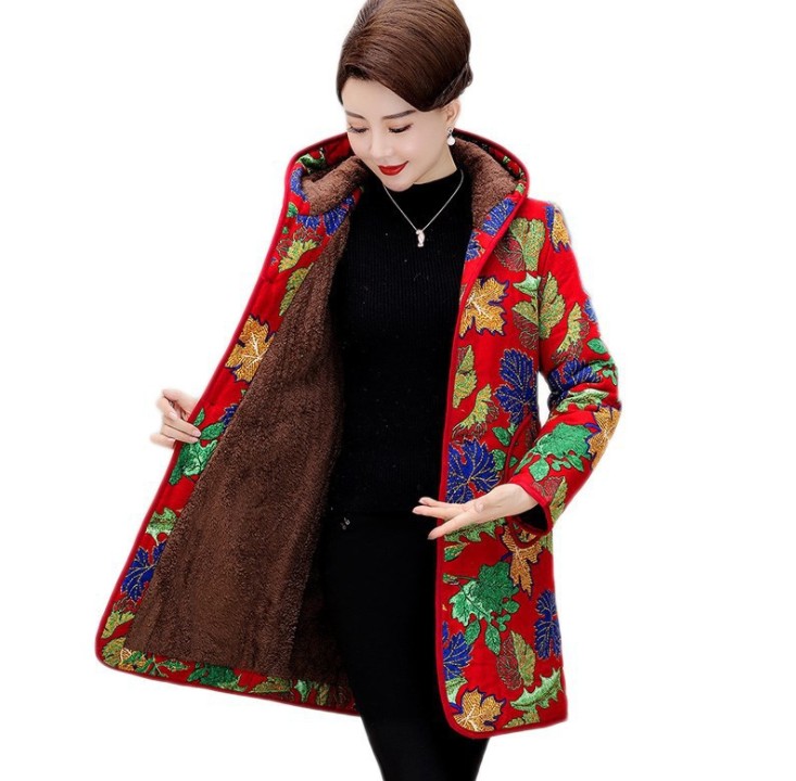 Middle-aged and elderly women's cotton-padded jackets with hats, thickened and fleece, mid-length cotton-padded jackets for mothers in winter, loose and large-sized warm cotton-padded jackets details Picture