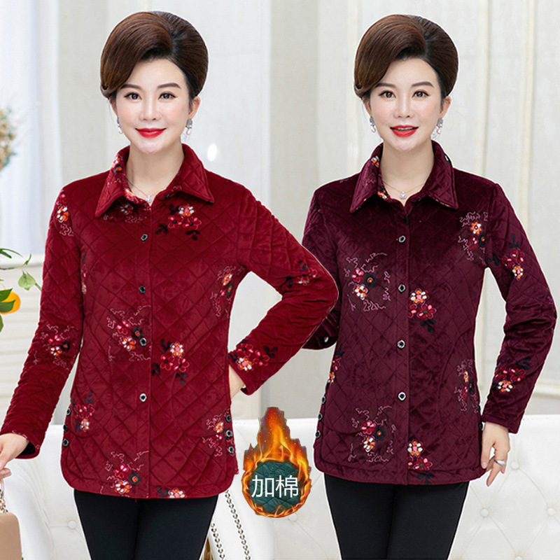Women's clothing for the middle-aged and elderly, with fleece and thickened jackets, cotton-padded clothes, winter wear for middle-aged mothers, and home wear, cotton-padded jackets details Picture