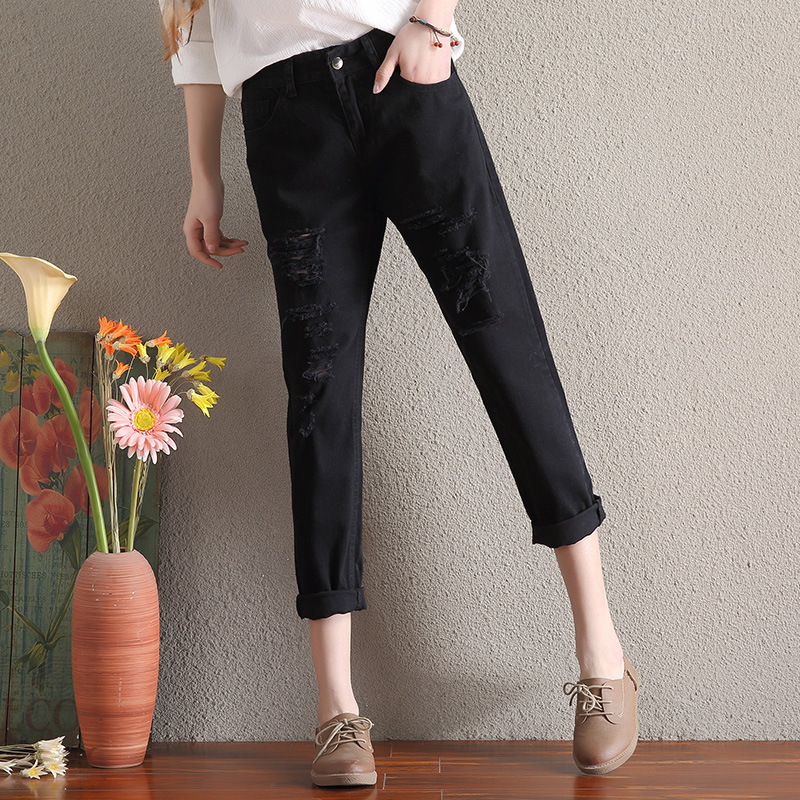 Korean-style ripped jeans for women, loose straight nine-inch white jeans, high-waisted and form-fitting for students Specification image