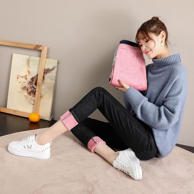 Korean version pink fleece (with fleece) high-elastic trousers, black and blue (trousers and 9-inch are available) Specification image