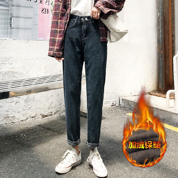 Fleece jeans for women, 2019 new Korean style, slimming high-waisted, small leg pants for outerwear, thickened nine-inch fleece long pants for winter Application Scenario