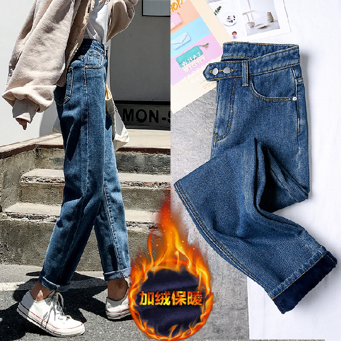 Fleece jeans for women, 2019 new Korean style, slimming high-waisted, small leg pants for outerwear, thickened nine-inch fleece long pants for winter