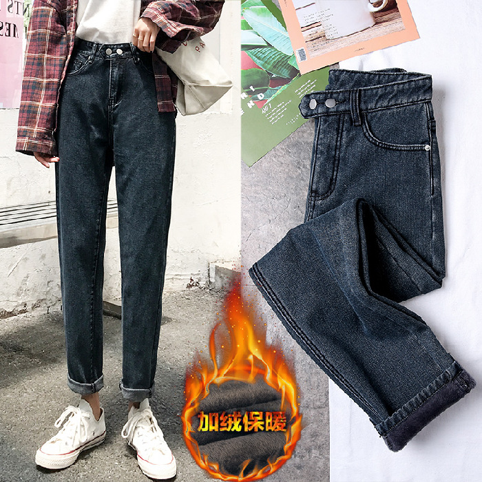 Fleece jeans for women, 2019 new Korean style, slimming high-waisted, small leg pants for outerwear, thickened nine-inch fleece long pants for winter Specification image