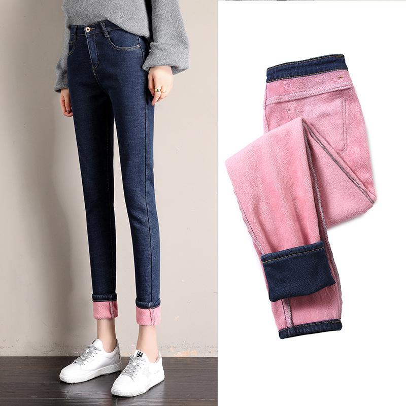 Korean version pink fleece (with fleece) high-elastic trousers, black and blue (trousers and 9-inch are available)