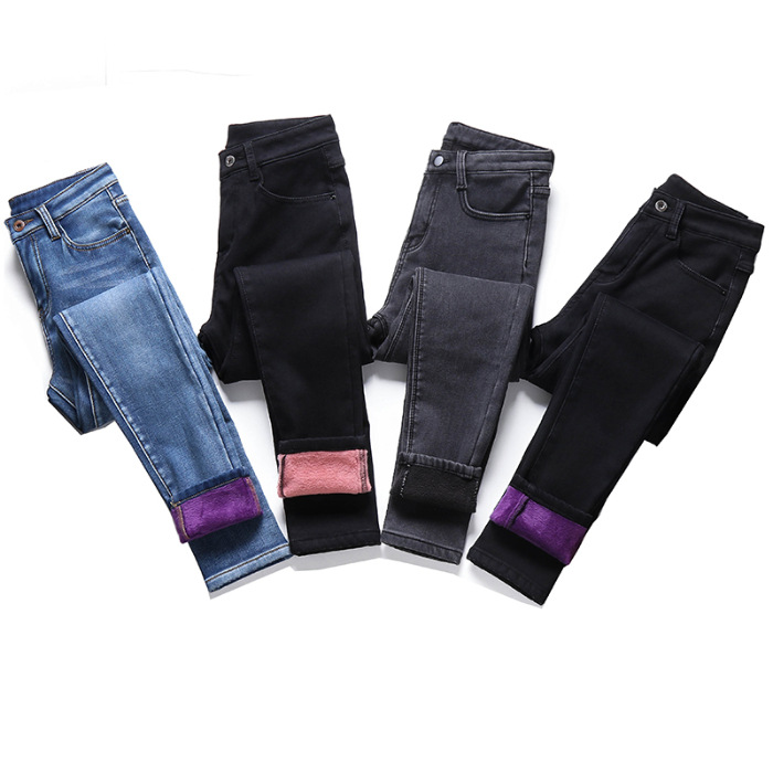 Velvet jeans female plus-size fat sister 200 pounds small feet high elastic black jeans female purple velvet