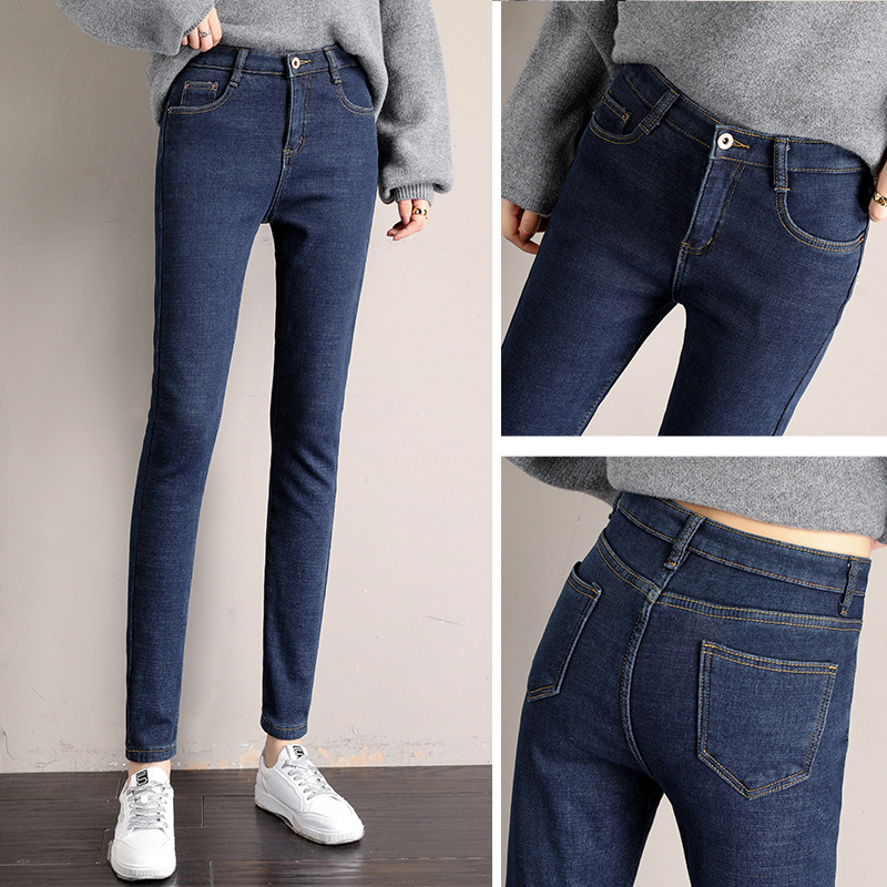 Korean version pink fleece (with fleece) high-elastic trousers, black and blue (trousers and 9-inch are available) Application Scenario